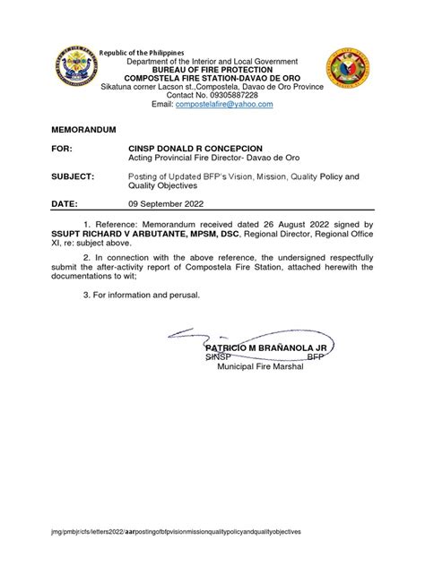 Posting of BFP Vision Mission Quality Policy and Quality  .